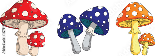 Cute colorful mushroom vector illustration set featuring cartoon toadstools with polka dots in red, blue, and orange for nature, autumn, and whimsical designs.