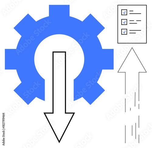 Blue gear with downward arrow, checklist, and upward arrow. Ideal for efficiency, workflow, productivity, strategy, planning task management automation. Simple flat metaphor