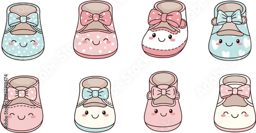 Cute baby booties set, kawaii cartoon shoes collection with smiling faces, pink and blue pastel footwear, vector illustration for newborn nursery.