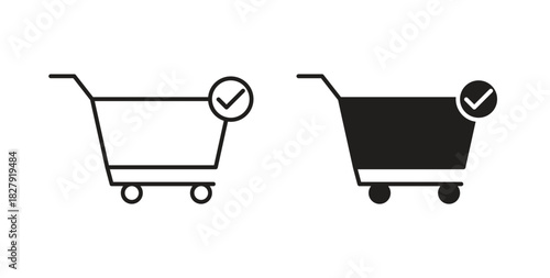 Shopping cart check icon with line and silhouette versions.