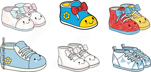 Cute baby sneakers set, kawaii cartoon shoes collection with happy faces, colorful booties with bows and flowers, vector illustration for newborn fashion.