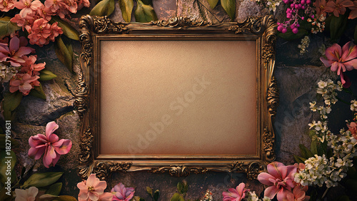 wooden motif photo frame with flowers on concrete stone background