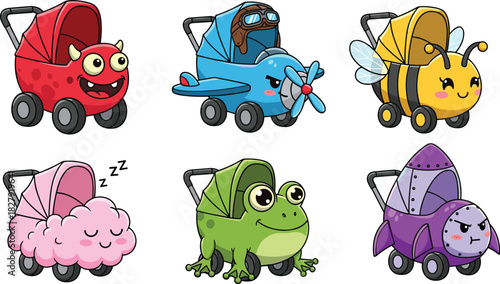 Cute baby stroller characters, funny cartoon pram set, monster airplane bee cloud frog rocket carriage, vector illustration collection for newborn nursery.