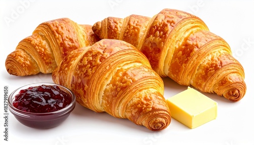 Freshly baked french croissants with butter block