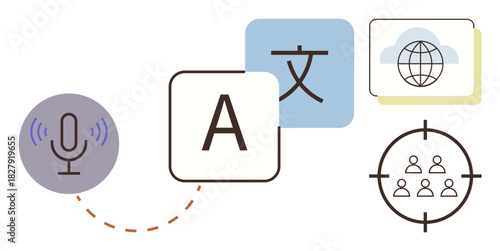 Microphone capturing voice, language symbols, globe, and target group icon representing translation, communication, and audience engagement. Ideal for multilingual learning, speech recognition, AI