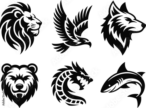 Monochromatic Vector Logo Icon Set of Fierce Animals and Mythical Creatures: Lion, Eagle, Wolf, Bear, Dragon, and Shark, Ideal for Sport Mascots and Emblems.