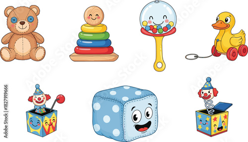 Cute baby toys set, vector illustration collection including teddy bear, rattle, duck, ring stacker, jack in the box and soft block for nursery.