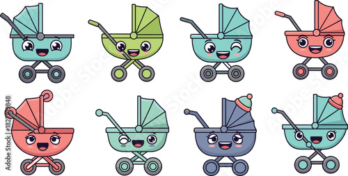 Kawaii baby stroller set, cute cartoon pram characters with happy faces, colorful vector carriage collection for newborn shower and nursery decor.