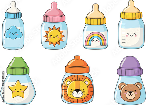 Kawaii baby bottles set, cute cartoon milk containers with sun cloud rainbow star lion bear faces, vector illustration for newborn feeding.