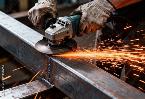 Close-up of a worker using an angle grinder on a steel beam, creating intense orange sparks during the metalworking process in a factory.