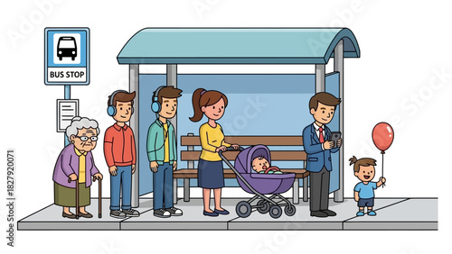 People at a bus stop with a stroller, a balloon, and other waiting passengers