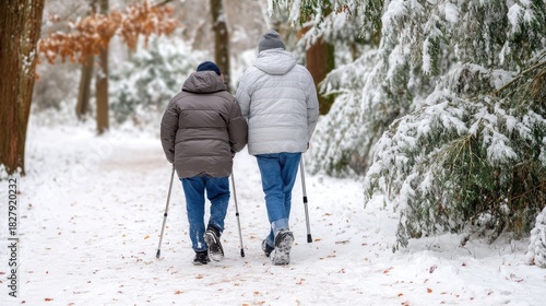 Elderly people walk together on a snowy path, using walking aids while winter trees provide a serene backdrop