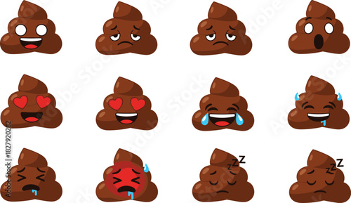 Cute poop emoji faces vector illustration set showing multiple funny emotional expressions including happiness, love, surprise, sadness, and sleep for modern design use.