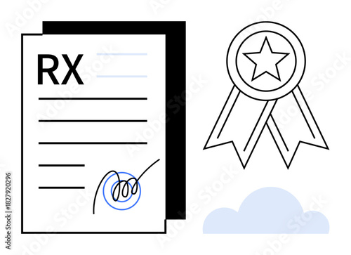 Medical document signed for authorization next to award ribbon symbolizing achievement. Ideal for healthcare, certification, accomplishment, recognition, licensing, documentation, success. Clean