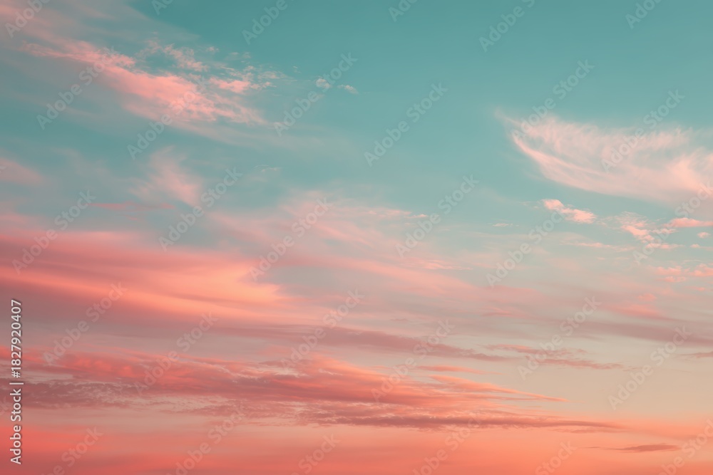 Fototapeta premium Subtle gradient sky blending warm peach into cool mint tones with wispy cloud formations and serene horizon line perfect for mindfulness meditation and tranquility wellness branding