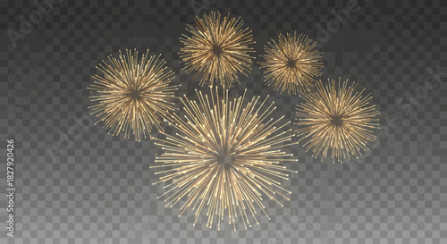 Golden fireworks exploding in a cluster against a dark, smoky background