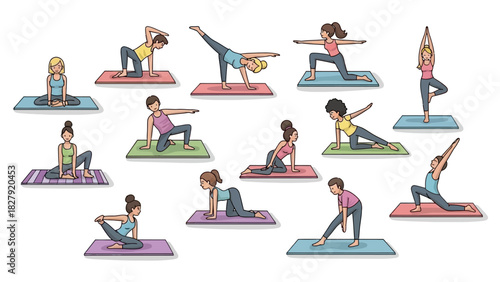 A diverse collection of illustrated characters practicing various yoga poses and asanas on mats. Set for fitness and wellness