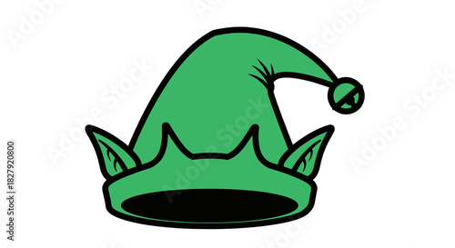 Whimsical Green Elf Hat with Pointy Ears and Bell, a Fun Graphic Element for Holiday and Fantasy Concepts
