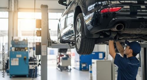 Professional automotive mechanic carefully inspects vehicle suspension during routine maintenance in a bright, modern car repair shop