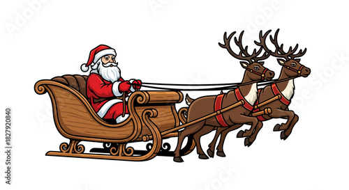 Santa Claus Riding Reindeer Sleigh Christmas Season Illustration