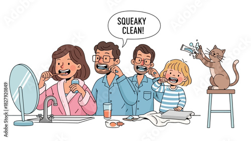 Happy Family Brushes Teeth Together in the Morning for a Sparkling Smile and Healthy Dental Hygiene Routine