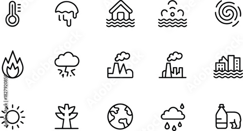 Collection of climate change icons representing global warming extreme weather pollution and environmental degradation in a simple hand drawn style