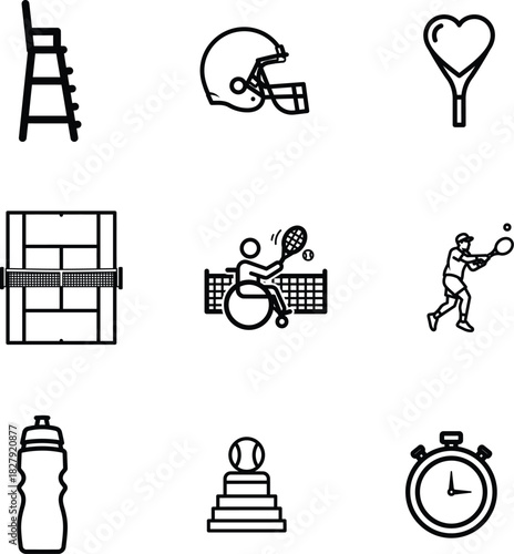 Collection of sports icons representing tennis American football and general fitness equipment with a minimalist black and white line art design style great for sports enthusiasts and design projects