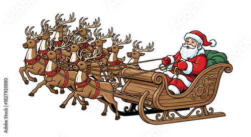 Jolly Winter Holiday Figure Leading a Team of Reindeer on a Festive Sleigh Ride