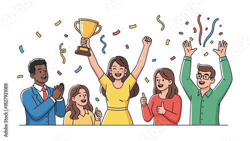 Joyful diverse team celebrating triumph with golden trophy and confetti, symbolizing shared success and collaborative achievement