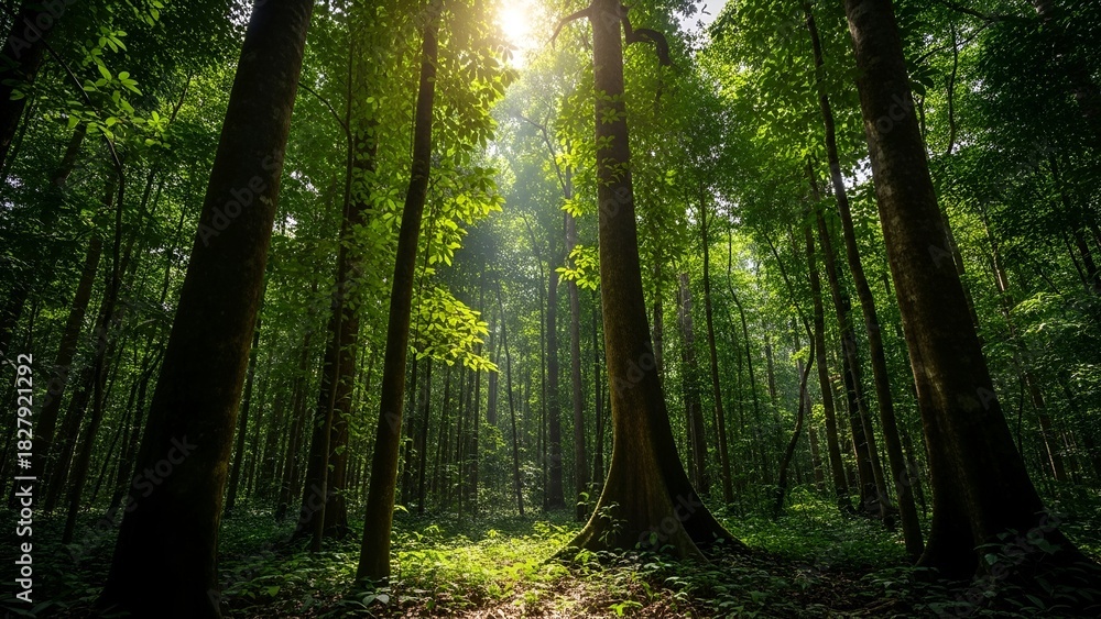 Naklejka premium Sunlight streams through tall, lush trees in a vibrant, verdant, deep forest