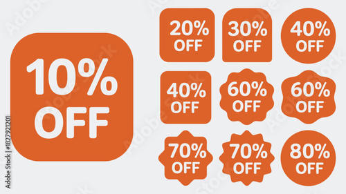 Red sale stickers and badges featuring bold percentage discounts from 10 to 80 percent designed for promotional vector graphics, marketing banners, and seasonal advertising layouts