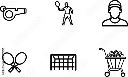 Sports Equipment and Athlete Icons Depicting Tennis Soccer and Training Accessories Providing a Visual Representation of Athletic Activities and Team Dynamics with a Minimalist Design