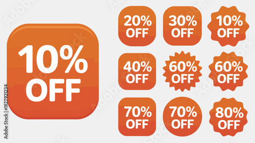 Red discount sale graphics highlighting percentage ranges from 10 to 80 percent suitable for promotional vector designs, retail advertising layouts, and marketing campaign artwork