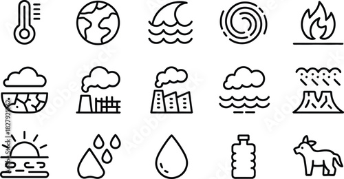 Collection of climate change and environmental icons representing global warming pollution natural disasters and the effects on animals and resources in a simple line art style