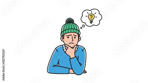 A young man wearing a winter hat with a light bulb icon symbolizing an idea or thought