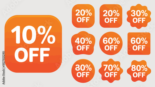 Red discount sale badges with clear percentage labels ranging from 10 to 80 percent ideal for promotional vector artwork, retail marketing designs, and special offer advertising visuals