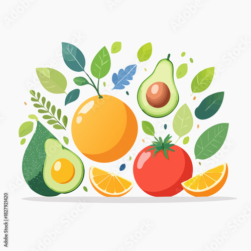 Fresh orange, avocado, and tomato arrangement with decorative leaves. Perfect for healthy eating, vegan recipes, or vibrant culinary designs. Use for health and wellness projects.