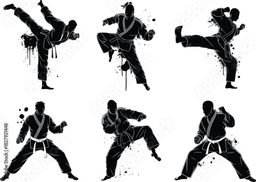 Dynamic Silhouette Vector Set of Martial Arts Fighters Executing High Kicks and Powerful Stances, Perfect for Combat Sports, Fitness, and Training Themes.