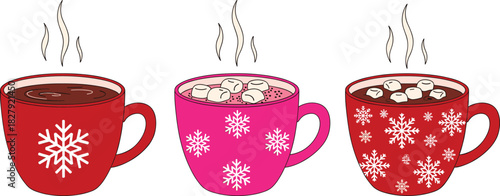 Cute winter hot chocolate mug vector set featuring festive snowflake patterns, steaming drinks, and cozy holiday beverage illustrations for seasonal design projects.