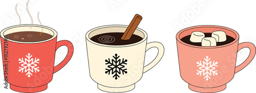 Cute winter hot chocolate mug vector set featuring cozy holiday drinks with snowflake patterns, marshmallows, cinnamon stick, and warm seasonal Christmas theme.