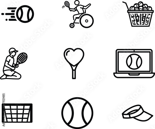 Tennis Icons Collection Displaying Different Aspects of the Game Including a Fast Ball a Player in a Wheelchair and Balls in a Cart Vector Graphic