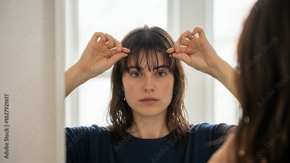 Naklejka premium Focused young brunette woman looking at her reflection in the mirror, carefully adjusting her fringe hairstyle with her hands at home