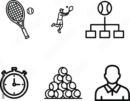 Tennis sport outline icon set featuring a racket player ball time management a pyramid of balls and a faceless player character design ready for various projects
