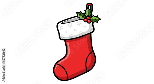 A red Christmas stocking decorated with holly and snow accents, ready to be filled with gifts and treats