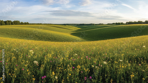 Vibrant Wildflowers Blooming in a Lush Meadow Under a Cloudy Sky.
