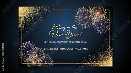 Elegant invitation card with fireworks, gold accents, and a dark blue background