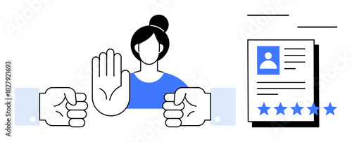 Woman making a stop gesture, standing against two fists near a document with ratings. Ideal for concepts thumbs up conflict resolution, workplace ethics, discrimination, human resources