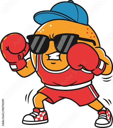 Cool orange mascot doing boxing training with gloves, strong stance, sporty action pose, clean flat vector.