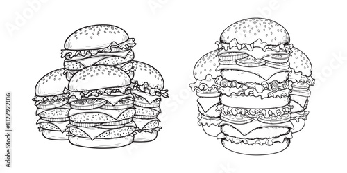 Hand-Drawn Line Art Illustration of Two Giant, Layered Cheeseburgers with Sesame Buns.