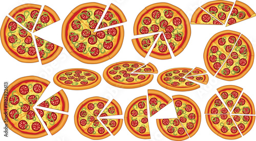 Delicious pepperoni pizza vector set with sliced and whole pizzas in multiple arrangements, featuring realistic toppings, cheese, and crust for food design projects.
